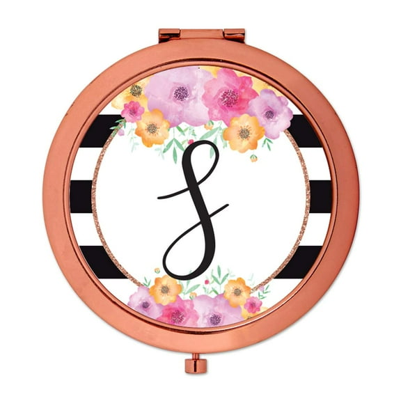 Koyal Wholesale Compact Mirror Bridesmaid's Wedding Gift, Rose Gold, Monogram Letter S, Modern Black White Stripes