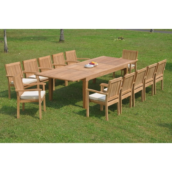 Grade-A Teak Dining Set: 12 Seater 13 Pc: 122" Caranas Double Extension Rectangle Table And 12 Leveb Stacking Arm Chairs WholesaleTeak #WMDSWVm