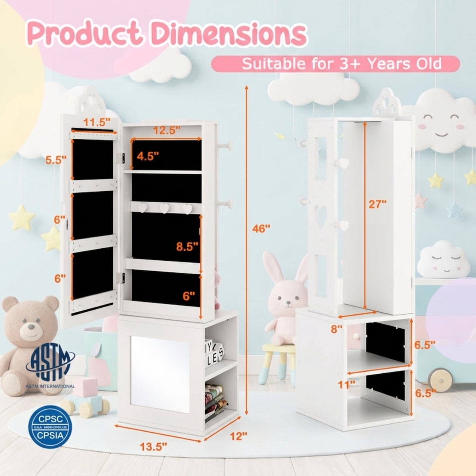 Furnibear Princess Vanity Table and Stool Set with Freestanding Jewelry Cabinet Armoire and Full-Length Mirror for the Bedroom, White
