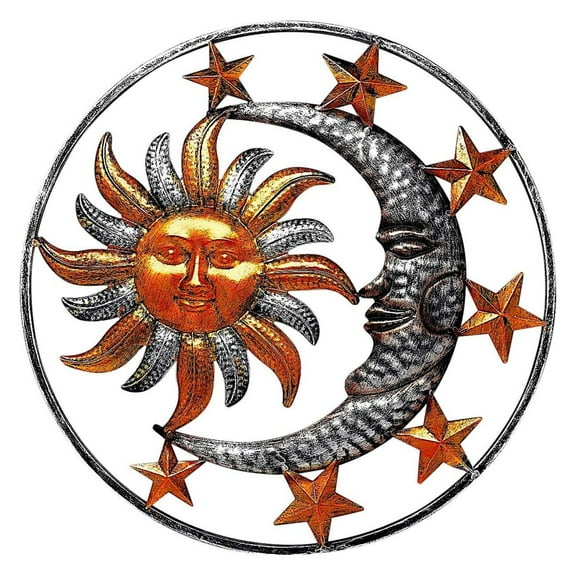 Metal Sun Moon Star Wall Decor 17 Inch - Indoor Outdoor Celestial Wall Art Sculpture - Silver & Bronze Iron Garden Patio Home Decoration