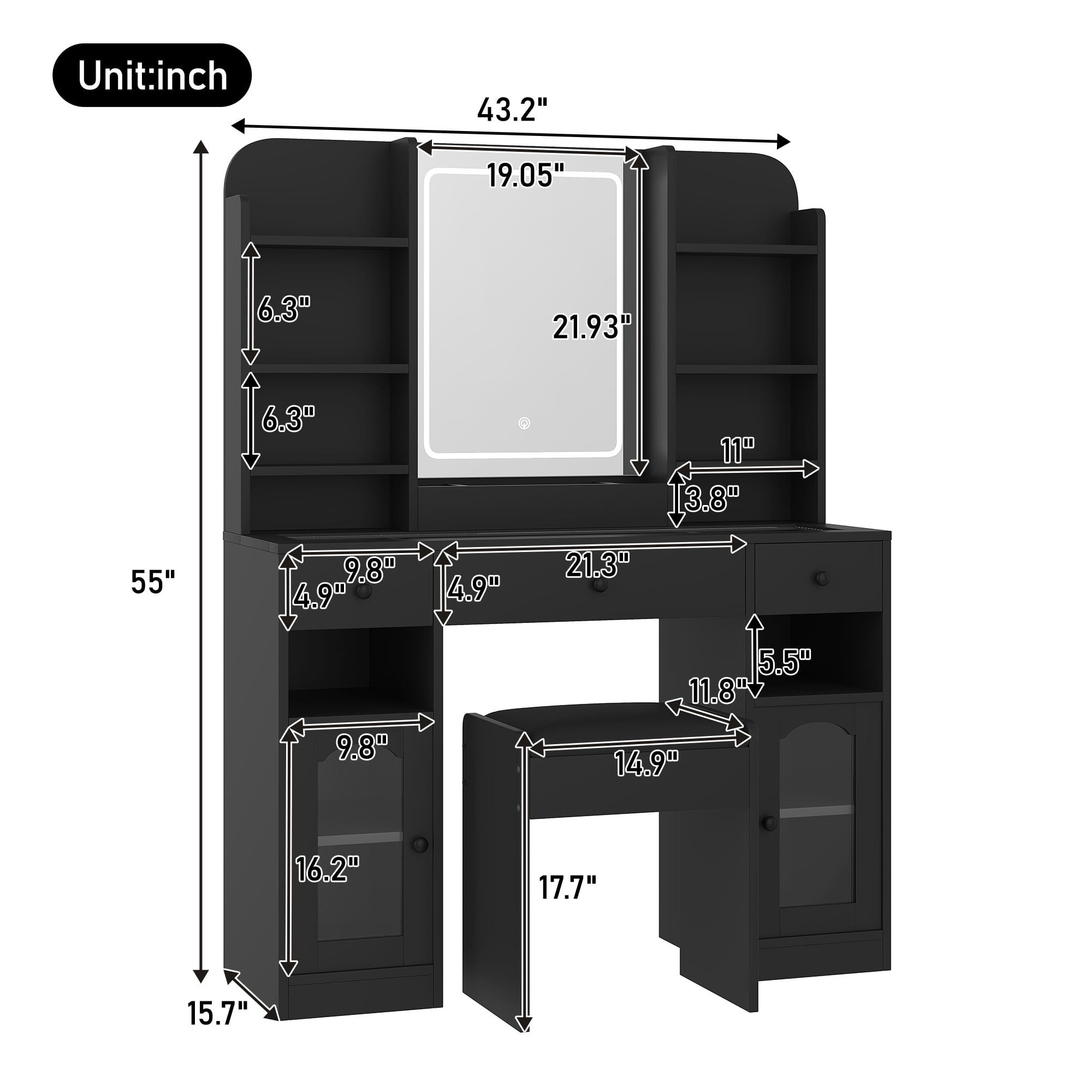Mintazer 43.2" Vanity Desk with LED Mirror & RGB Glass Light Cabinets, Dressing Table with Charging Station & 3 Drawers, Makeup Vanity Table Set with Storage Shelves & Stool for Bedroom, Black