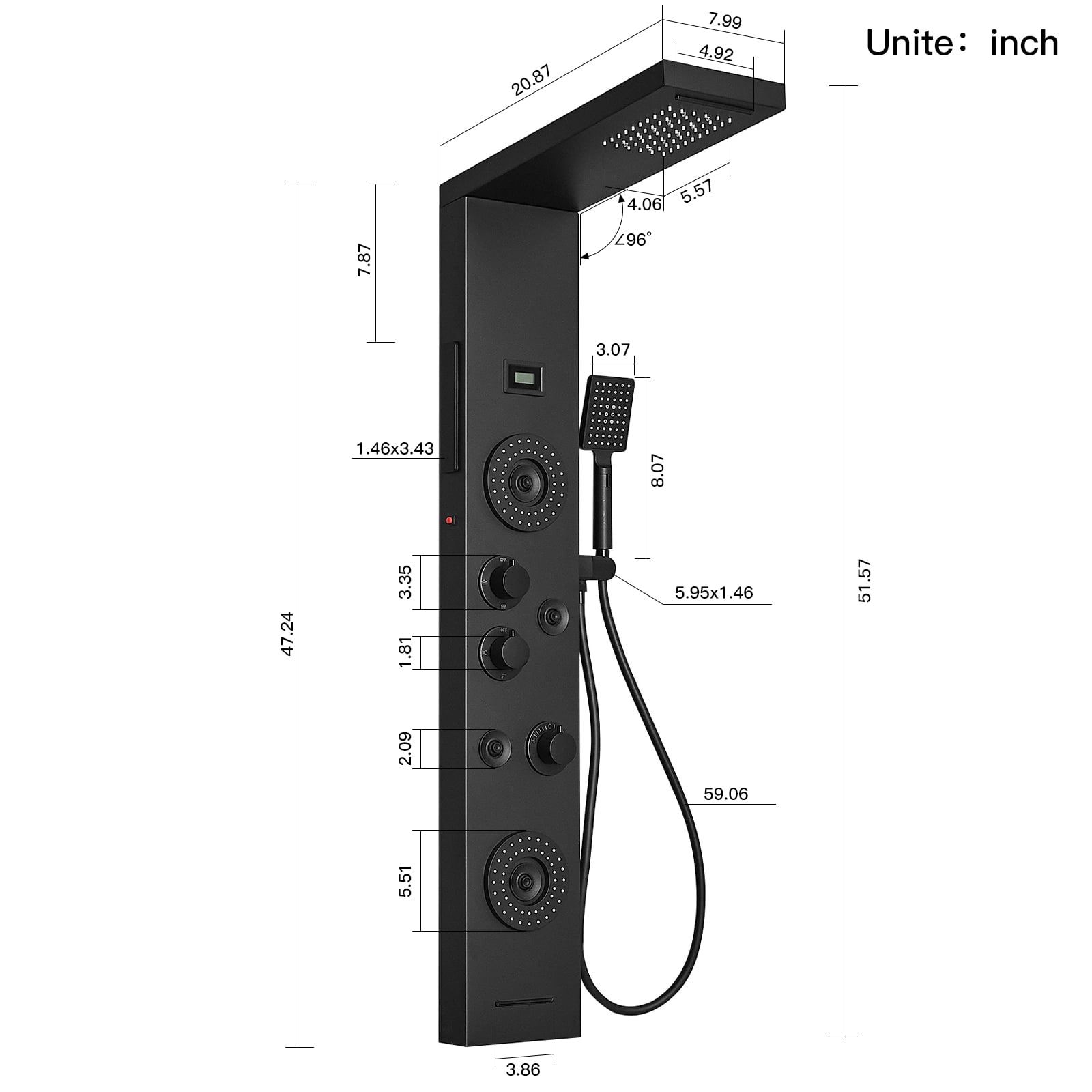 5-Jet Rainfall Shower Panel System with Rainfall Waterfall Shower Head and Shower Wand With LED Light in Stainless Steel