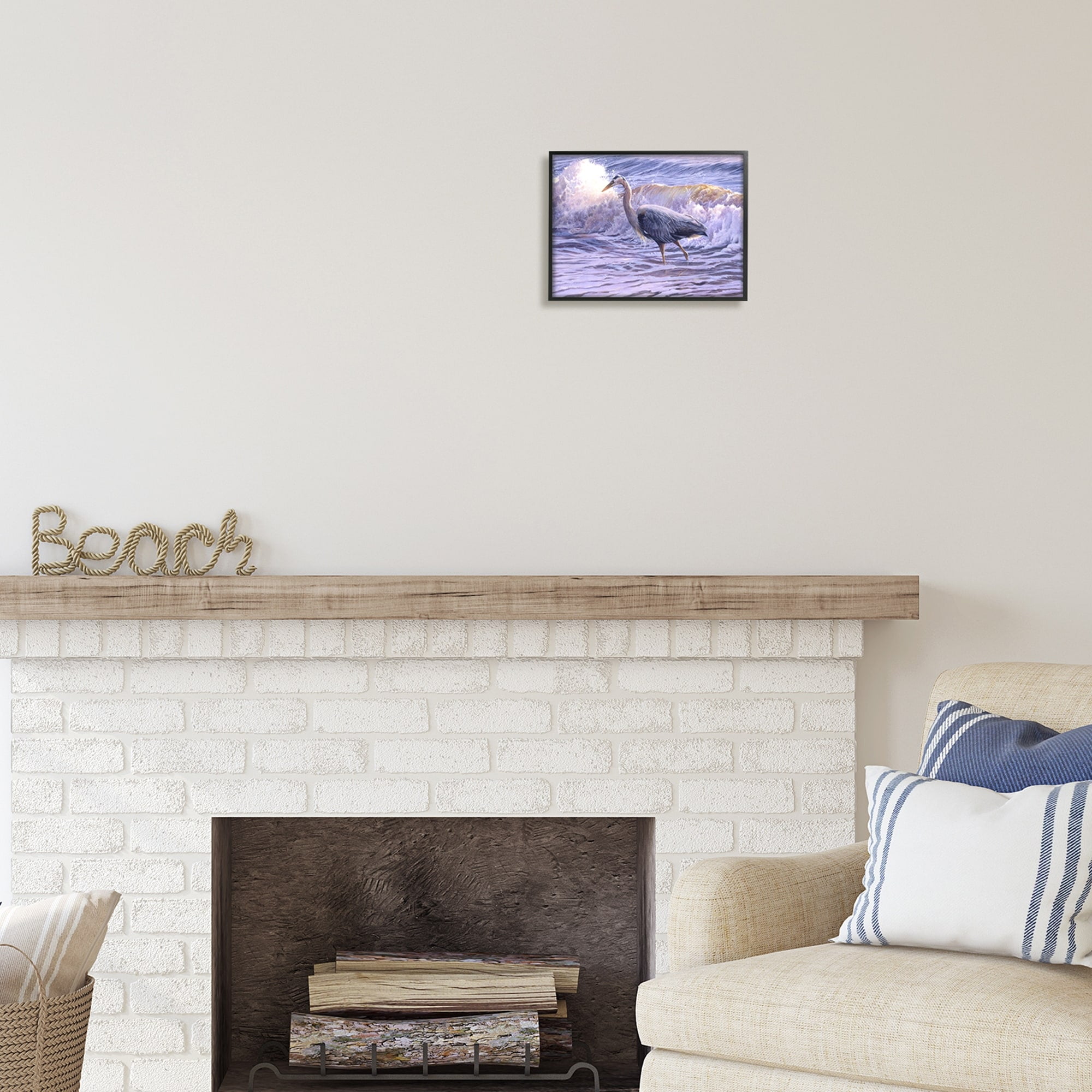 Stupell Industries Crane Bird Splashing Ocean Waves Coastal Photography Black Framed Art Print Wall Art
