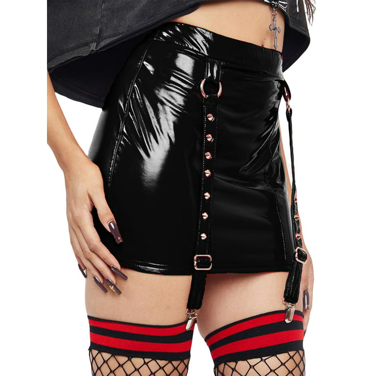 Belts Skirt Punk Mini Womens Pencil Skirt Leather Patent High Bodycon Waist With Garter Rock