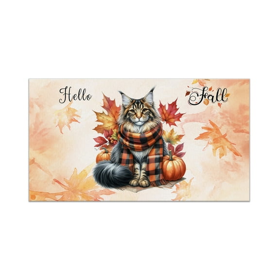 Hello Fall Maine Coon Scarf Welcome Autumn with Leaves Pumpkins Doormat Cat Lover Kitten Owner Gifts Indoor Outdoor Welcome Mat - 00011