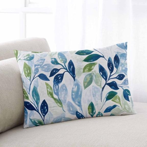 Navy Blue Leaves Throw Pillow Cover, Pillowcase Protectors with Zipper, Breathable Decorative Lumbar Pillow Case Cover, Green Summer Botanical Pillow Shams for Couch Sofa 12x20Inch
