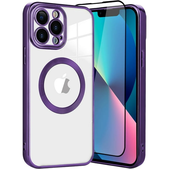 iPhone 13 Pro Case Magnetic [Support Magsafe Charger] Wireless Anti-Scratch Shockproof Clear Four Corner Cushion Screen Protector Anti-Dropping Full Body Protection Cover-Purple