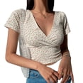 thumbnail image 5 of Camiseta de mujer de manga corta ajustada con escote en V cruzado y estampado floral retro estilo americano, 5 of 5