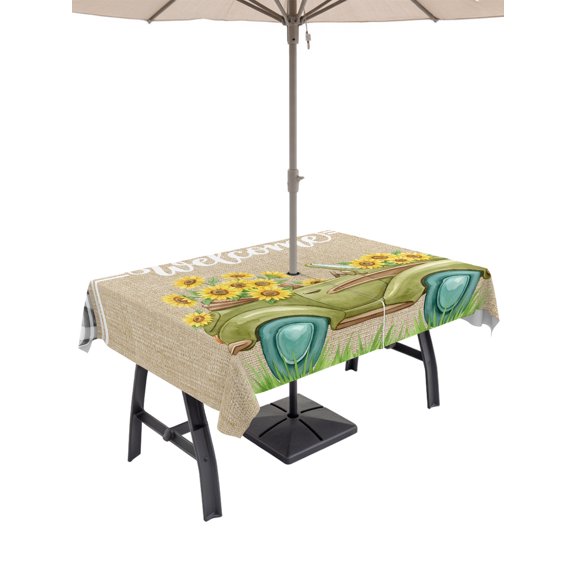 52x70 Inch Outdoor Tablecloth with Umbrella Hole Zipper Rectangle Sage Green Truck Rectangular Tablecloths Outside Waterproof Farmhouse Sunflowers Burlap Plaid Patio Table Cloth Cover for Picnic