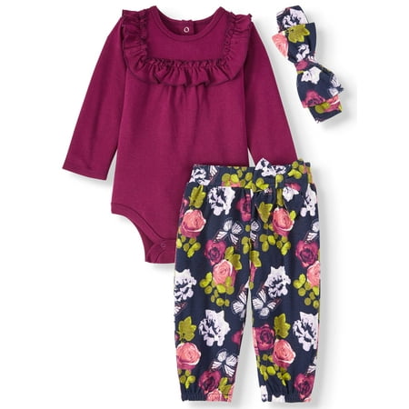 Long Sleeve Ruffle Bodysuit, Floral Pants, & Bow Headband, 3pc Outfit Set (Baby Girls)