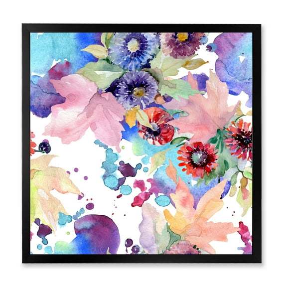 Wildflowers and Vibrant Wild Spring Leaves VIII 36 in x 36 in Framed Painting Canvas Art Print, by Designart