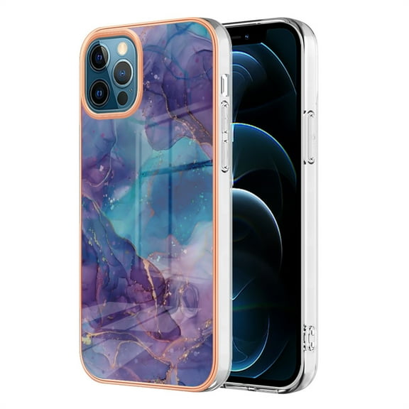ELEHOLD for iPhone 12 Pro Max 6.7 inch Marble Case, Clear Electroplated Frame Soft TPU Anti-Scratch Wear-Resistant Wireless Charging Slim Fit Transparent Case for iPhone 12 Pro Max, Purple
