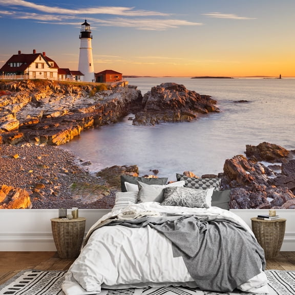 wall26 - The Portland Head Lighthouse in Cape Elizabeth, Maine, USA. Photographed at Sunrise - Removable Wall Mural | Self-Adhesive Large Wallpaper - 100x144 inches