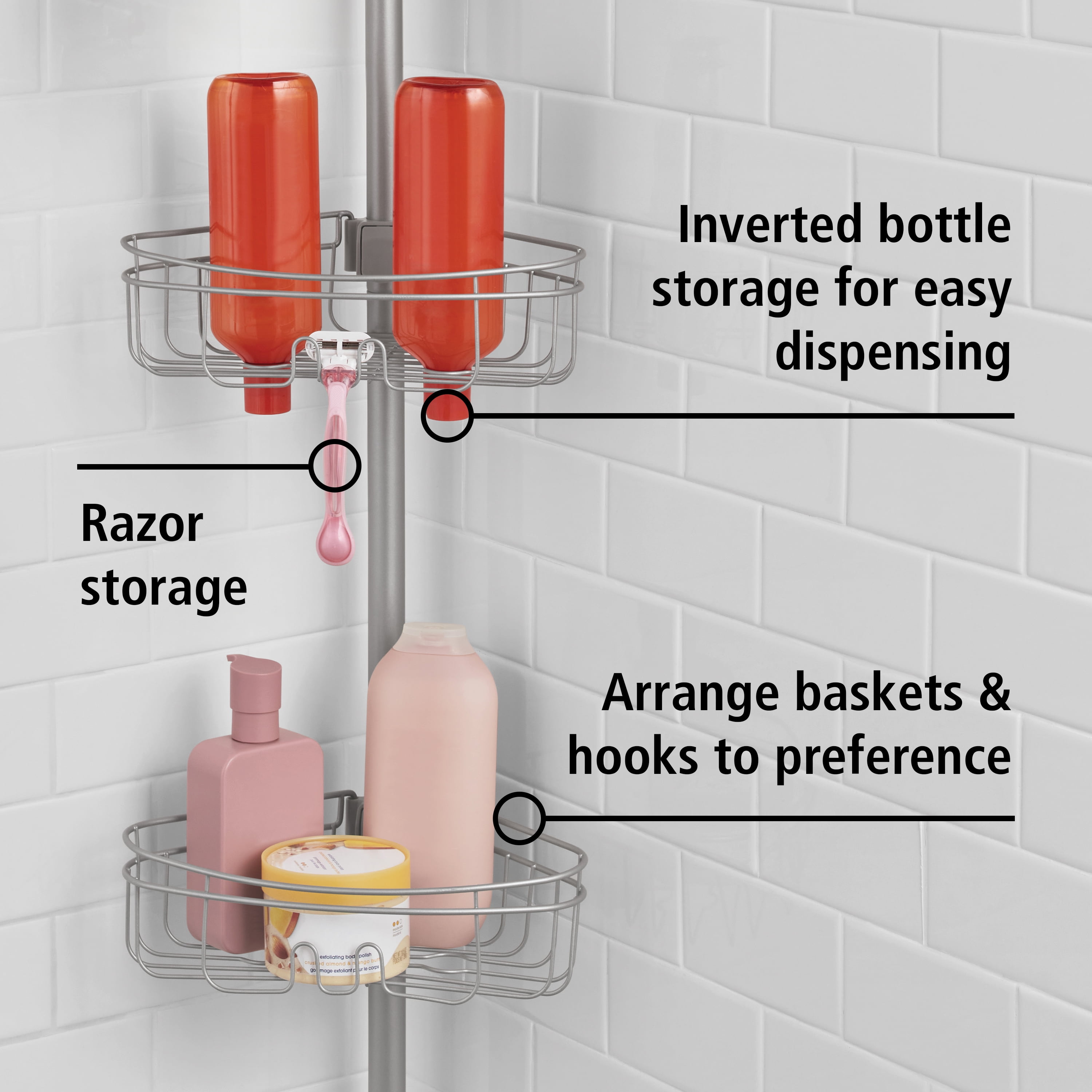 Mainstays Tension Rod Shower Caddy, Rust-Resistant 3 Tier Corner Pole Caddy, 5 - 8 ft, Satin Nickel