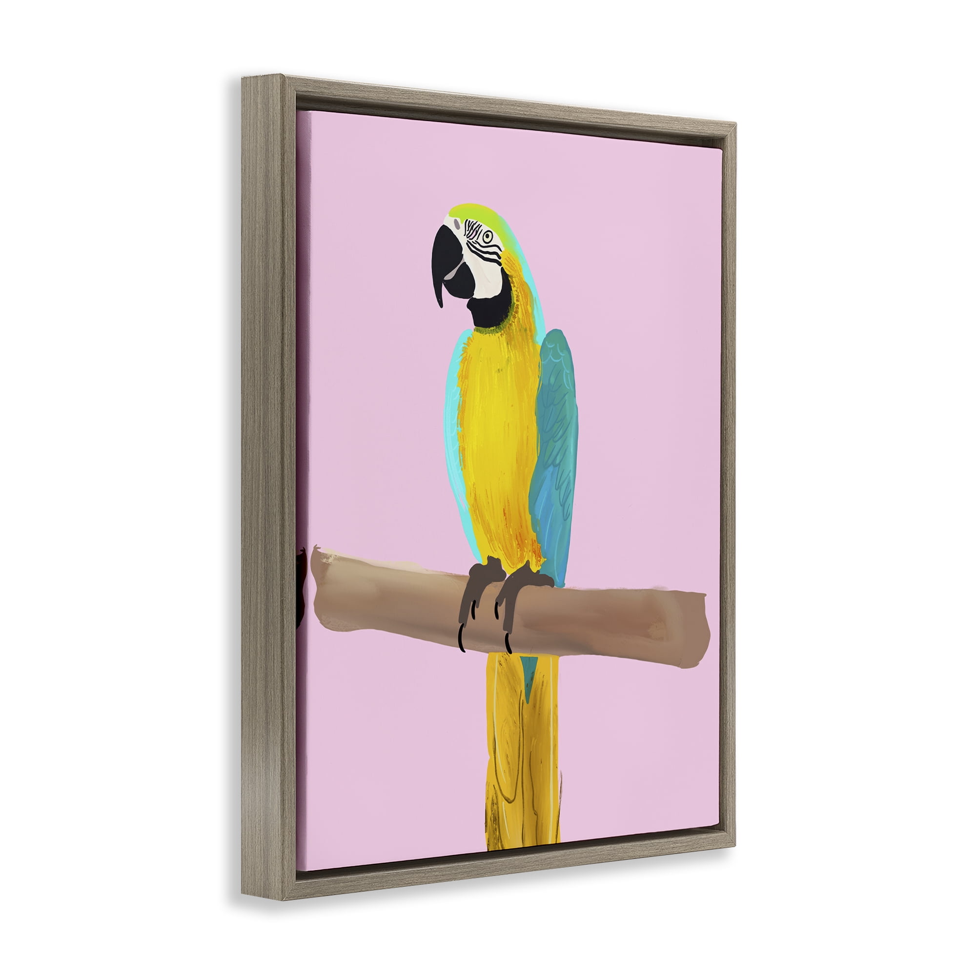 Stupell Industries Bright Parrot on Pink Animals Painting Brown Floater Framed Canvas Art Print Wall Art, 17 x 21