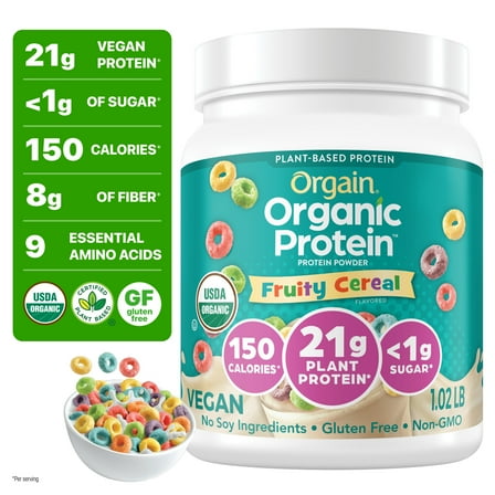 Orgain Organic Vegan 21g Protein Powder, Fruity Cereal, Plant Based Shake Drink, 1.02lb