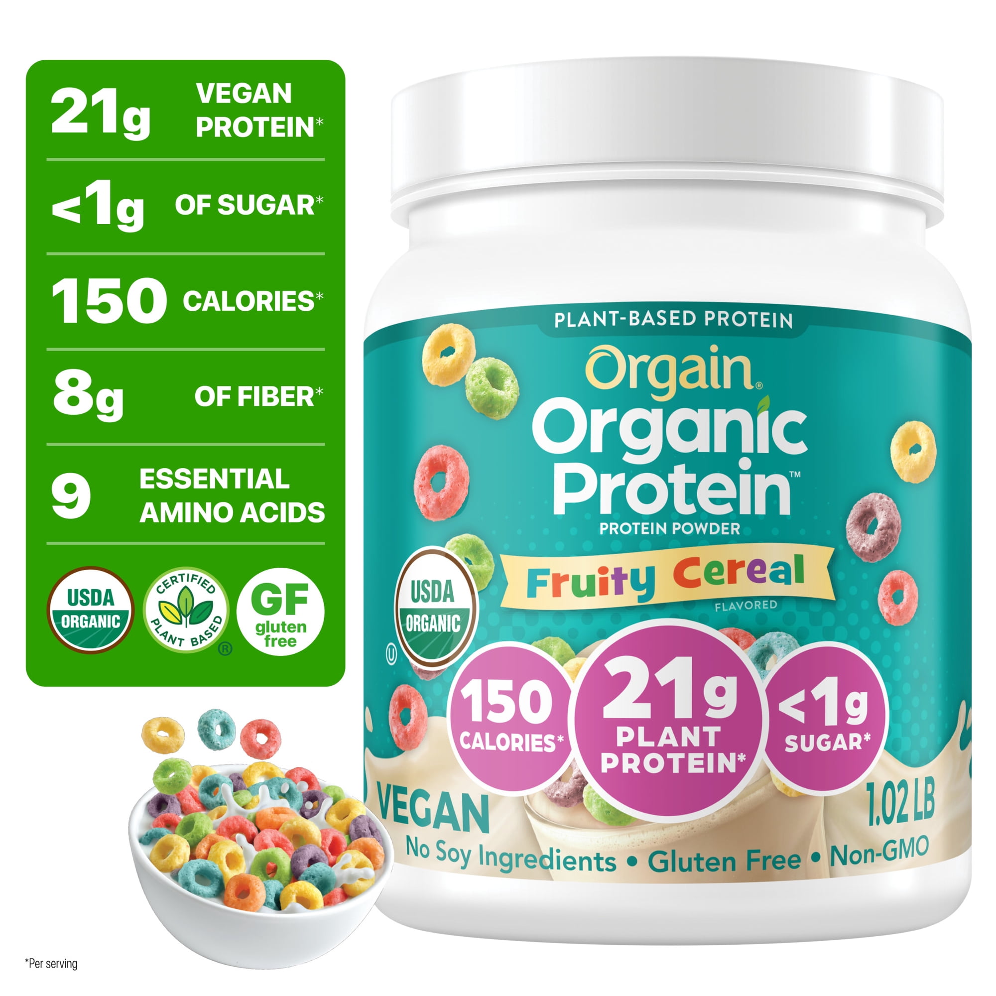 Orgain Organic Vegan 21g Protein Powder, Fruity Cereal, Plant Based Shake Drink, 1.02lb