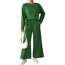 FIOPHY  Womens Fall 2 Piece Outfits Ribbed Knit Lounge Sets Crew Neck Sweatshirts and Drawstring High Waist Pants