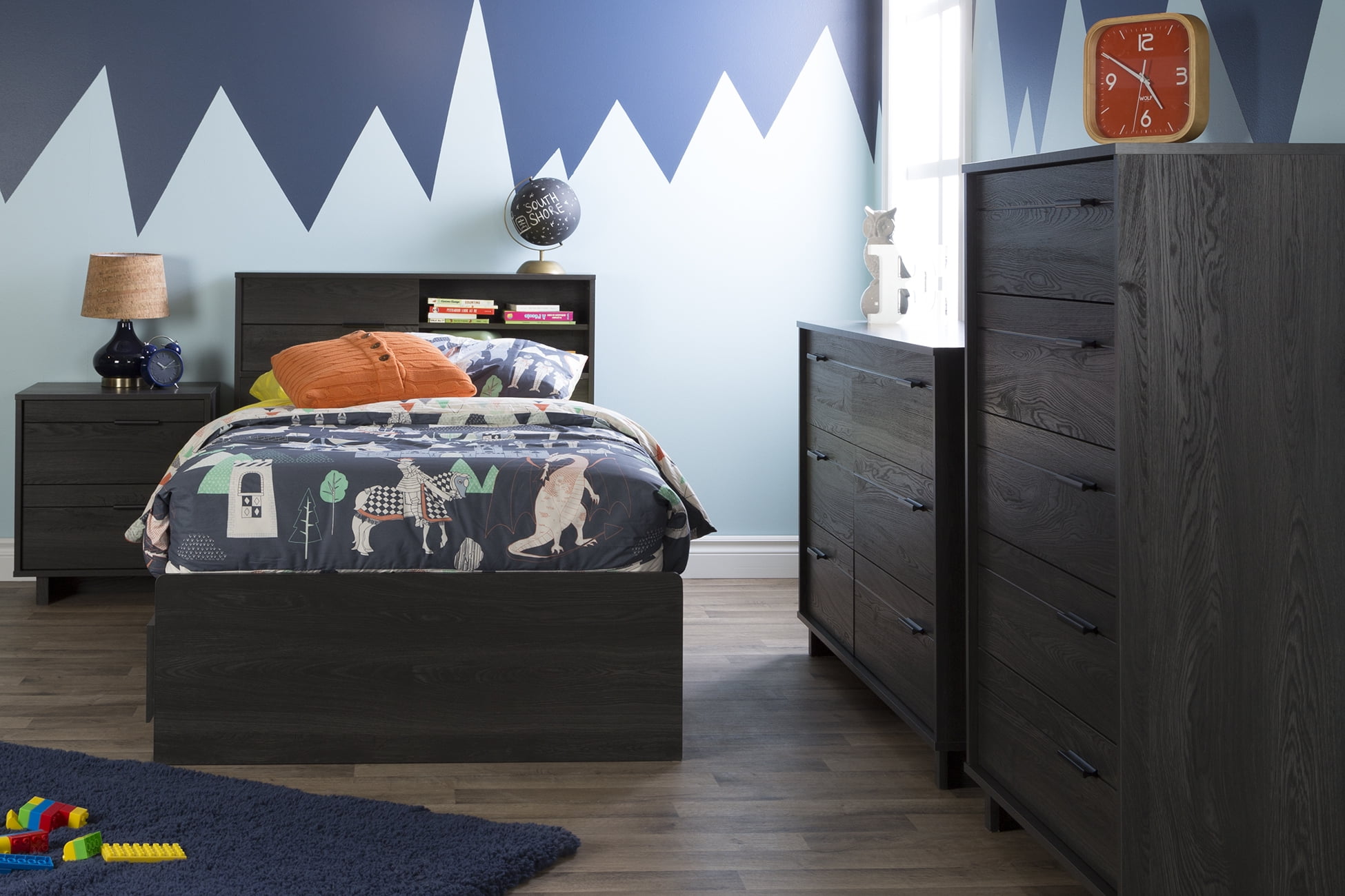 South Shore Fynn Twin Storage Bed and Bookcase Headboard Set, in Gray Oak