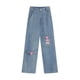 thumbnail image 1 of Pantalones de pierna ancha para mujer, cintura alta, holgados, vintage, lindo oso bordado para primavera y otoño, azul claro L, 1 of 12