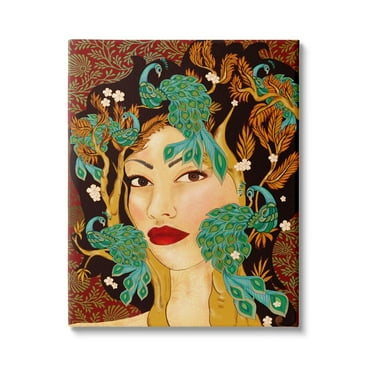 Stupell Industries Boho Woman Regal Peacock Birds Abstract Foliage Pattern, 30 x 40,Design by Sangita Bachelet