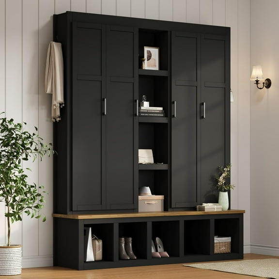 Euroco Modern Farmhouse Hall Tree – 4-in-1 Entryway Bench with Cabinets, Hooks & Shoe Storage, Wood-Grain Finish, Handles, Anti-Tip Safety