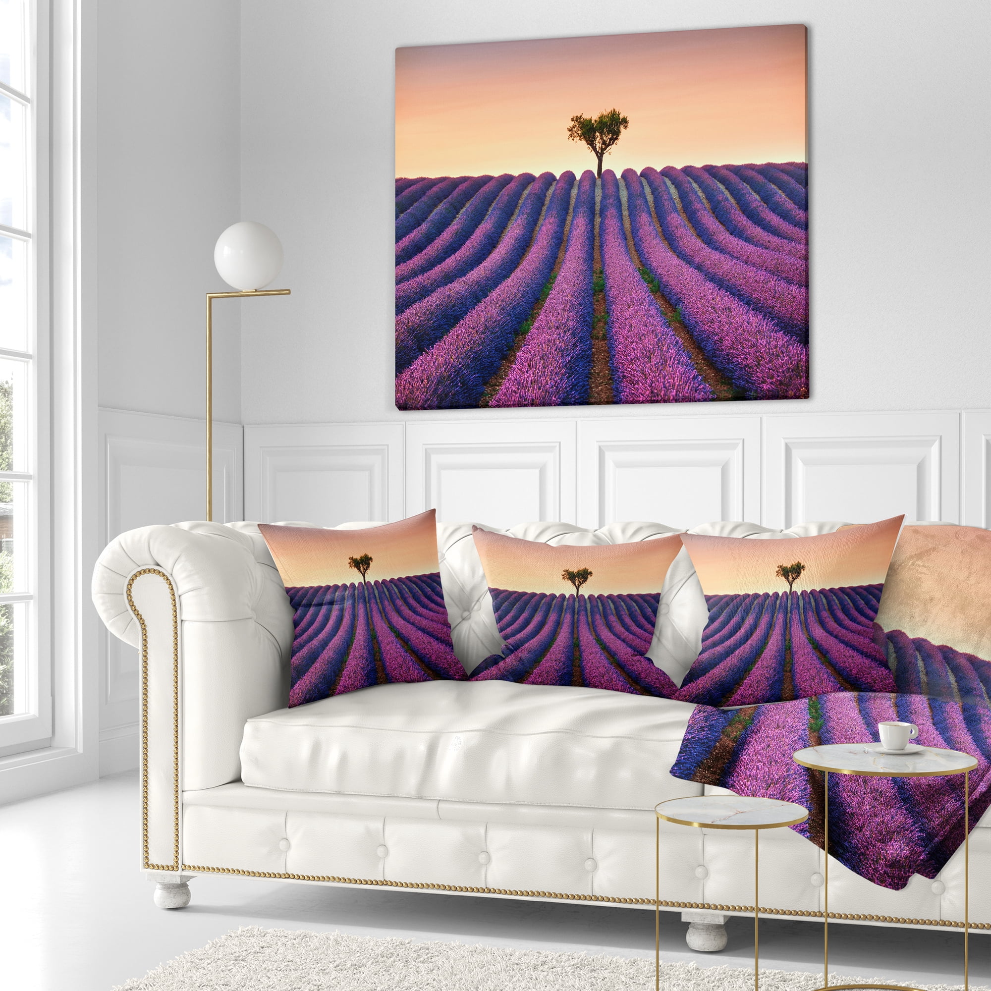 Designart Lavender and Lonely Tree Uphill - Landscape Photography Throw Pillow - 16x16