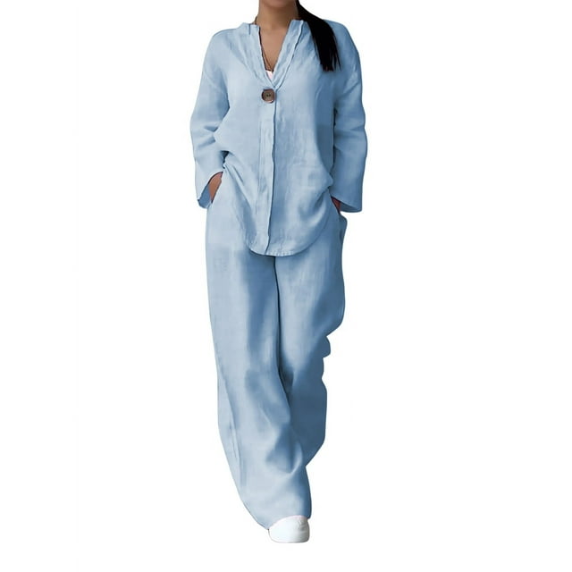 Womens Cotton Linen 2 Piece Sets V Neck Button Down Long Sleeve Shirt Wide Leg Trouser Sets with Pockets Light Blue S