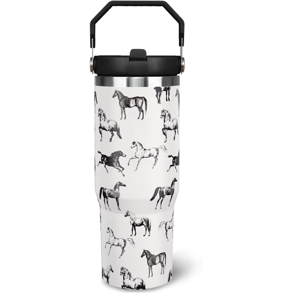 30 oz Horse Tumbler With Handle and Straw, 30oz Horse Flip Straw Tumbler Insulated Coffee Travel Mugs Cup Water Bottle Horse Gifts for Horse Lovers Women Girls