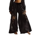 thumbnail image 2 of Bovemsi Women's Bubble Texture Linen-Like Ethnic Print Casual Pants – Retro Floral Wide Leg Trousers for Summer, Black, M, 2 of 4