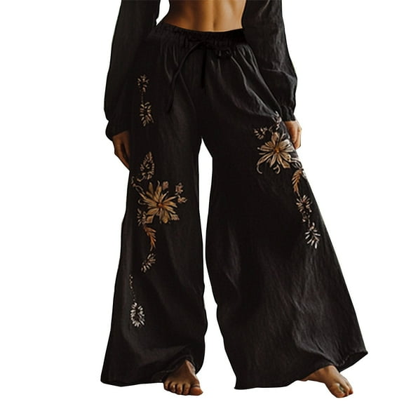 yunLCZ Women's Wide Leg Pants Holiday Style Retro Linen Floral Ethnic Print Casual Pants For Women – Comfortable Relaxed Fit Perfect For Summer Beach And Vacation Wear Business Work Casual Pants