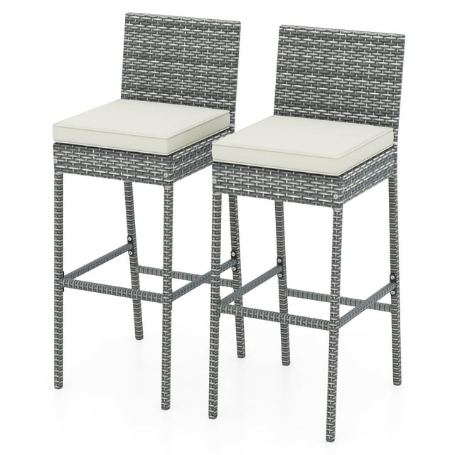 Gymax 2 PCS Patio Wicker Barstools Bar Height Chairs W/ Cushions Backyard Off White