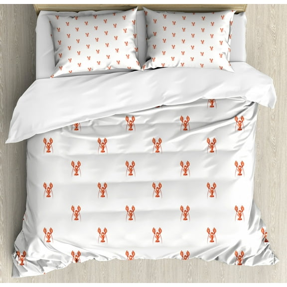 Lobster Duvet Cover Set Queen Size, Pattern with Symmetrically Aligned Lobster Figures on White Background, Decorative 3 Piece Bedding Set with 2 Pillow Shams, Vermilion and White, by Ambesonne