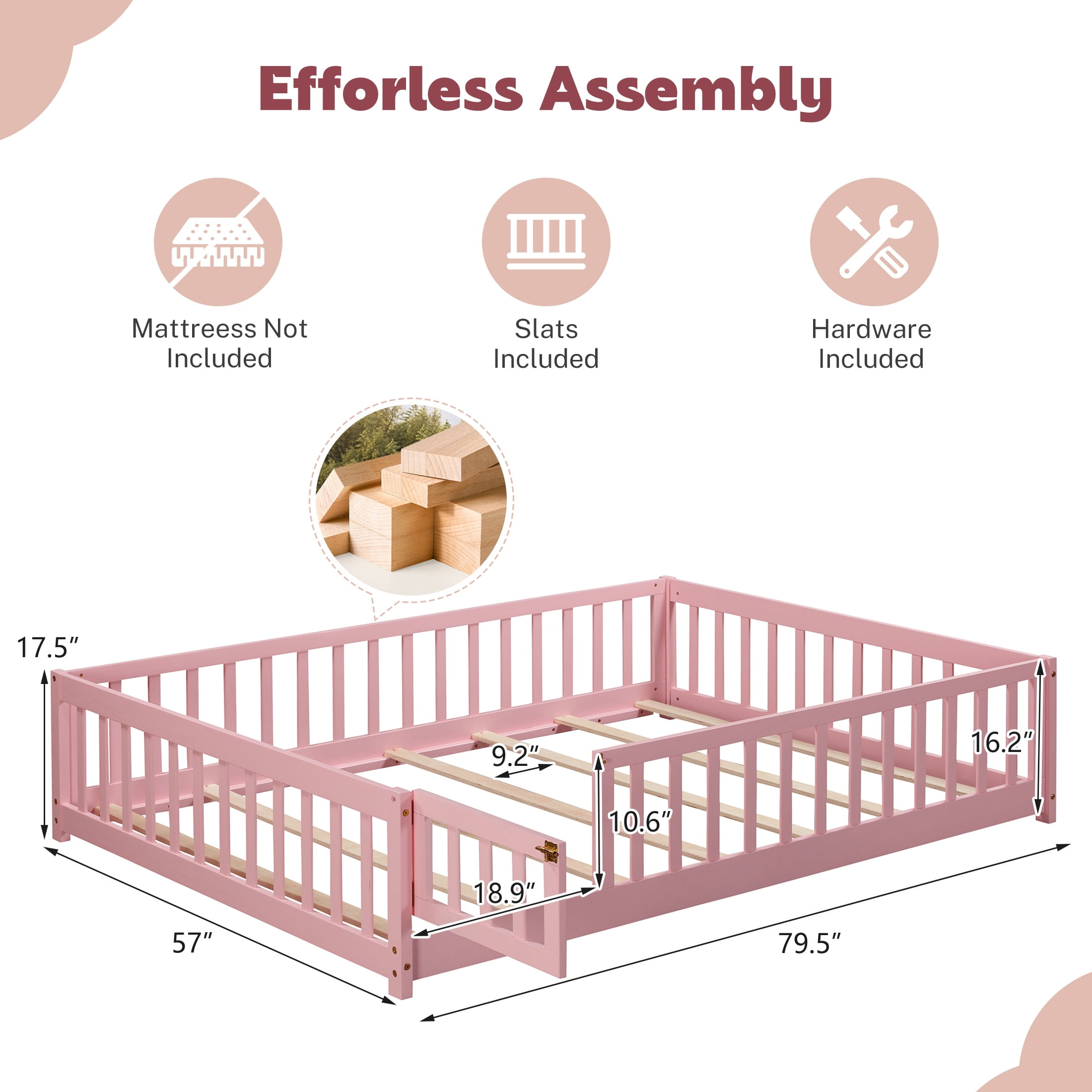 PAPROOS Full Montessor Floor Bed, Solid Wood Toddler Bed with Safety Guardrail and Door, Easy Assembly, Low-to-Floor Bed Frame with Slats for Kids, Pink