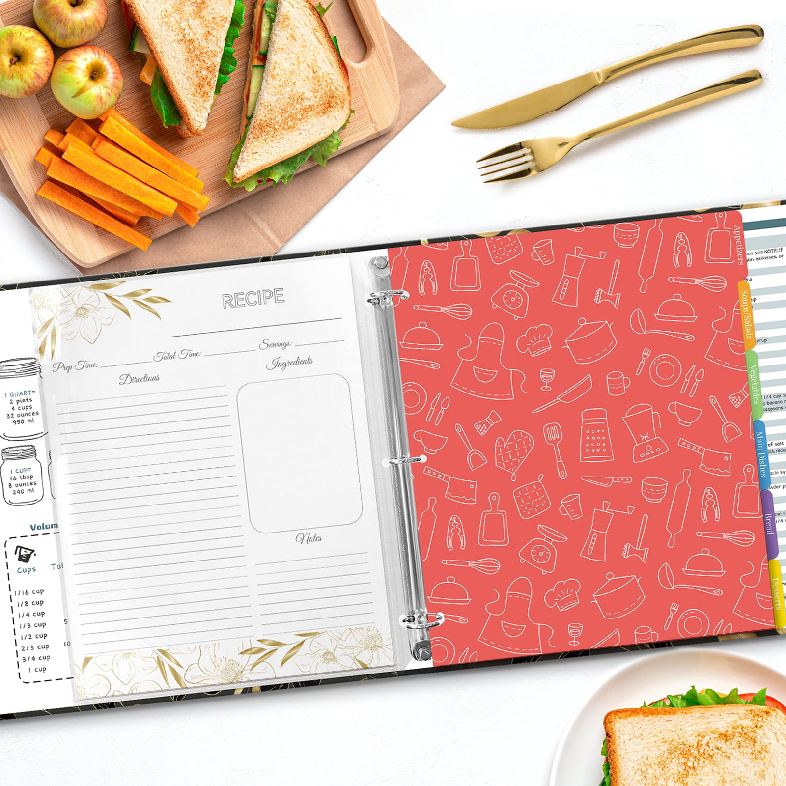Recipe Binder 8.5x11 3 Ring with Plastic Sleeves & 30 Blank Full-Page Recipe Cards, Cookbook Binder to Write in Your Own Recipes (Black Floral)