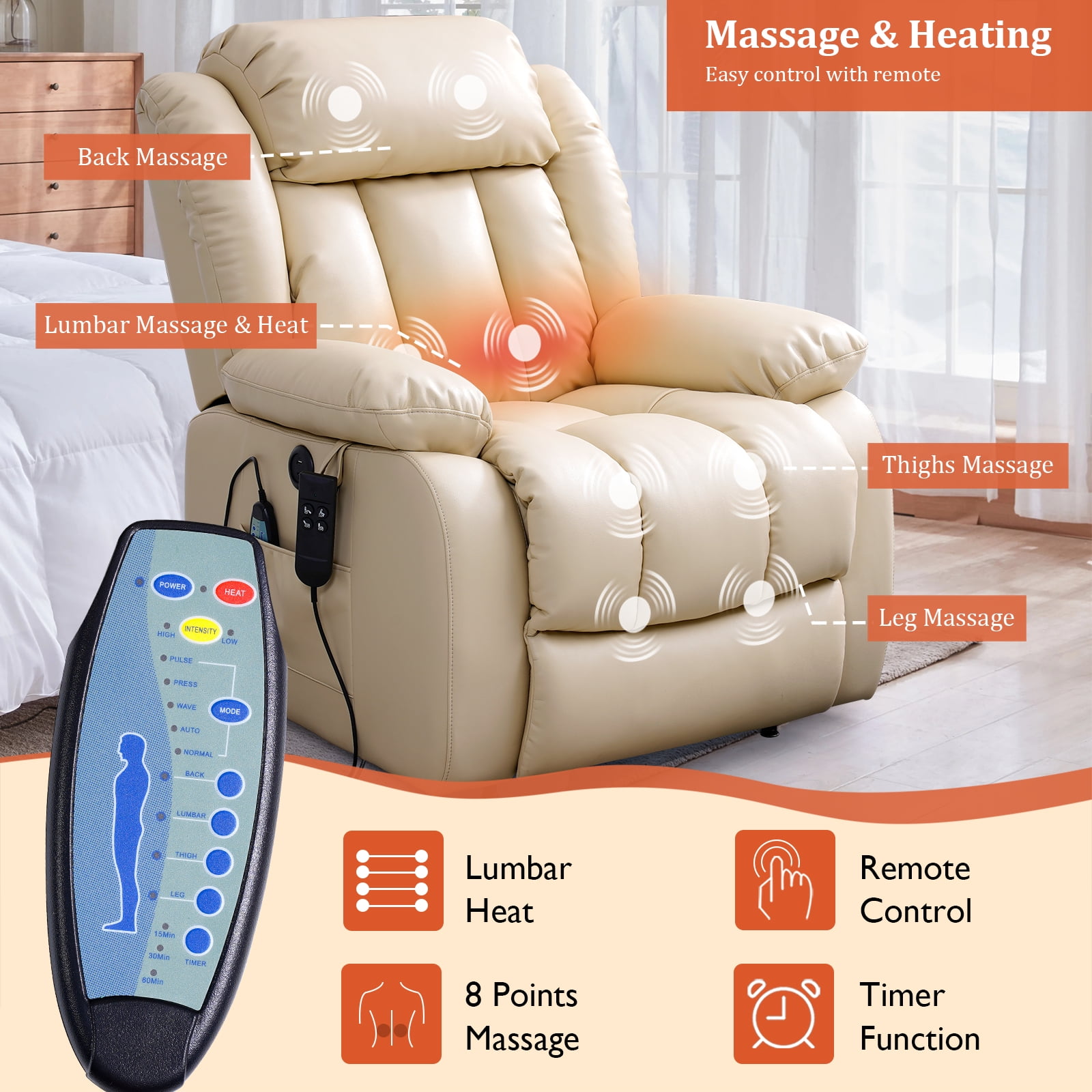 TEKAMON Infinite Position Lift Recliner Chair for Elderly with Heat and Massage Lay Flat Sleeping Leather Dual Motor Power Lift Chair for Living Room (Beige)