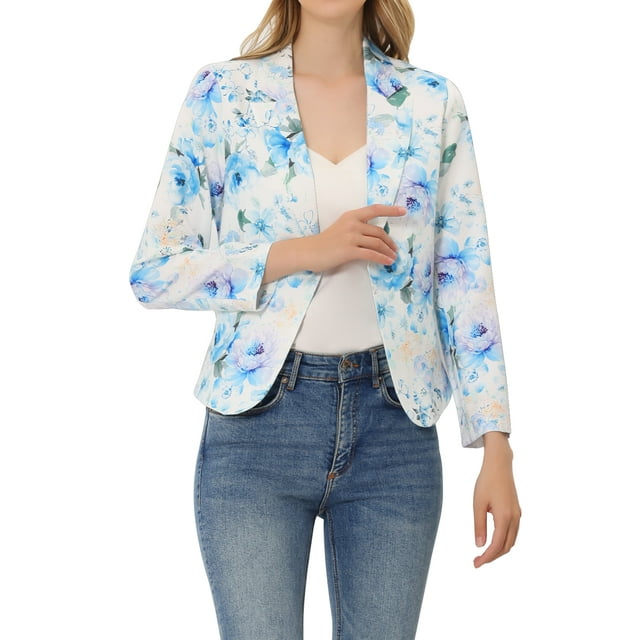 BLAZER CHIC para Mujeres Abierto Frontal Ropa de Trabajo Verano Chaqueta Corta Blanca Azul Floral XL