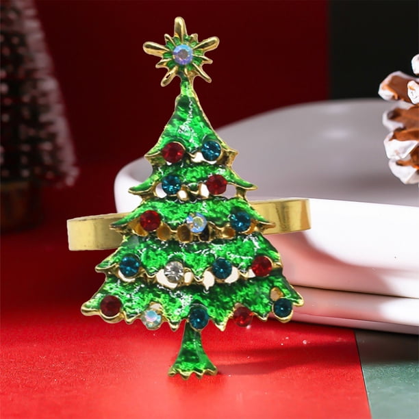 Broche de Servilleta de Metal con Forma de Árbol de Navidad, Anillo para Servilletas, Broche de Servilleta Navideño, Anillo de Tela con Incrustaciones de Diamantes