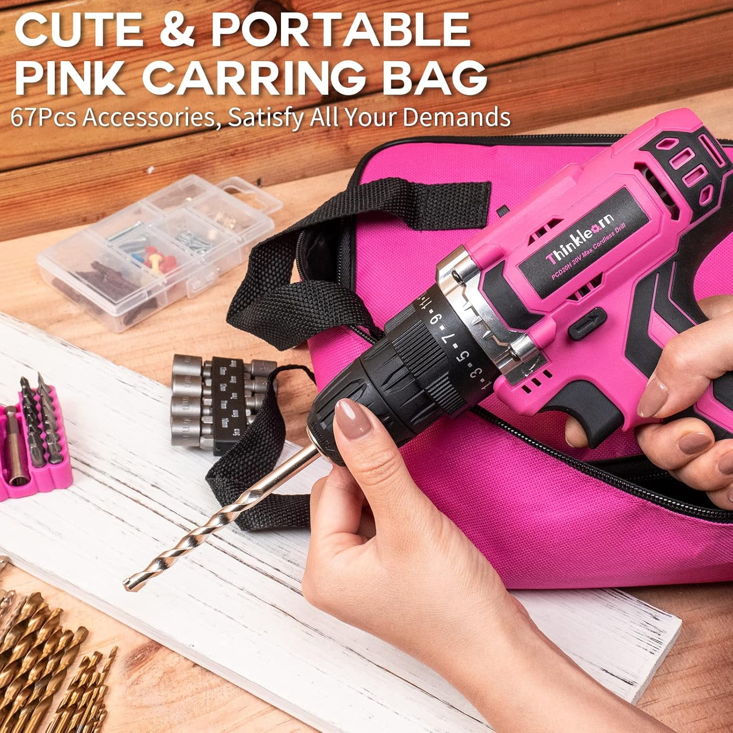 ThinkLearn Pink Cordless Drill Set, 20V Lithium-ion Power Drill Set for Women with 67Pcs Drill Driver Bits, 3/8"Keyless Chuck, 25+1 Position Electric Drill, 2.0Ah Battery, Fast Charger and Storage Bag