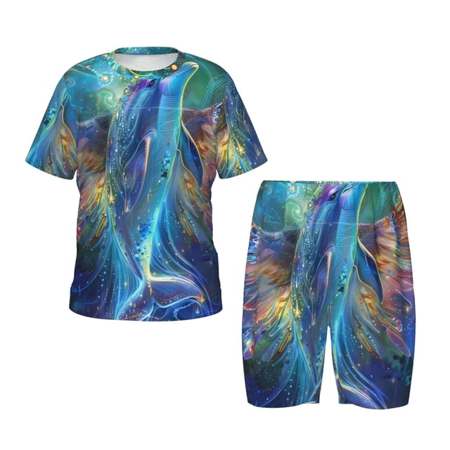 Fotbe Colorful Winged Dolphin Pijama Estampada de 2 Piezas para Niños – Ropa de Dormir de Manga Corta Cómoda para Niños y Niñas, Camiseta y Shorts de Algodón-3X-Large