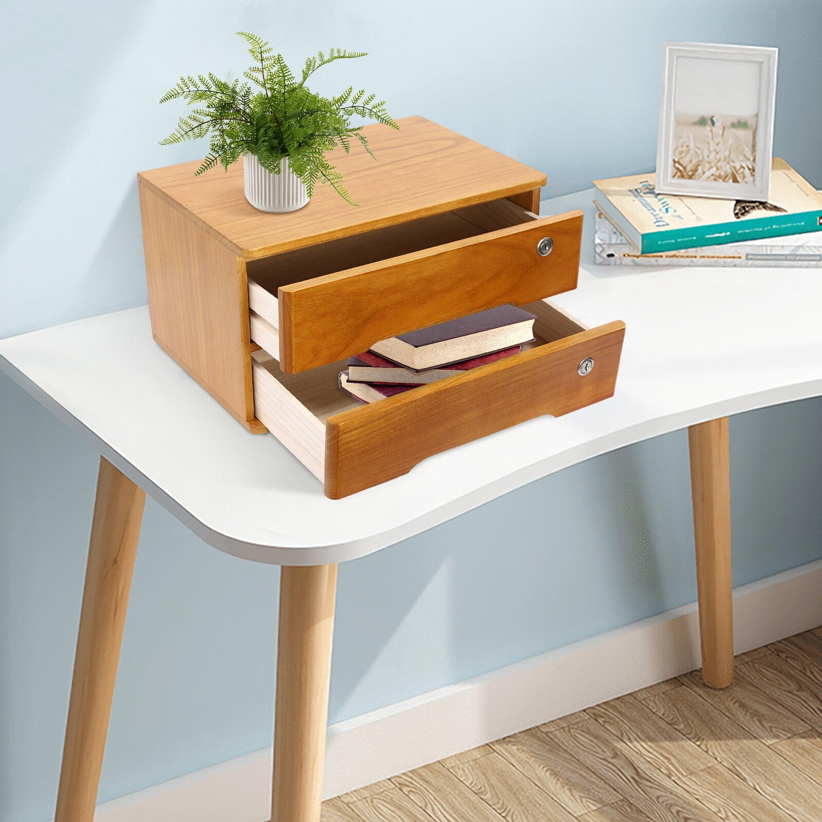 2-Tier Wood Yellow Rectangle Office Lockable Desktop Box Storage Drawer Files Organizer Multi-purpose