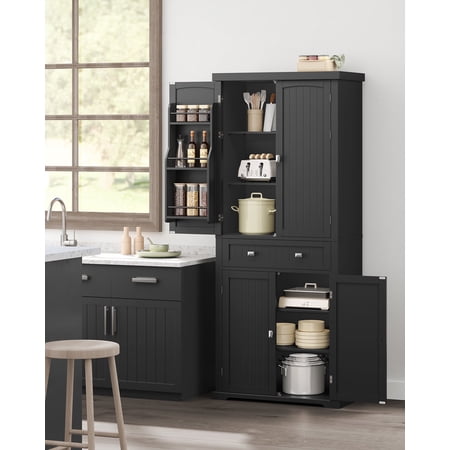 71.7 " Kitchen Pantry Storage Cabinet Tall Freestanding Cupboard with 1 Drawer 6 Hanging Shelves for Dining Room Laundry, Black