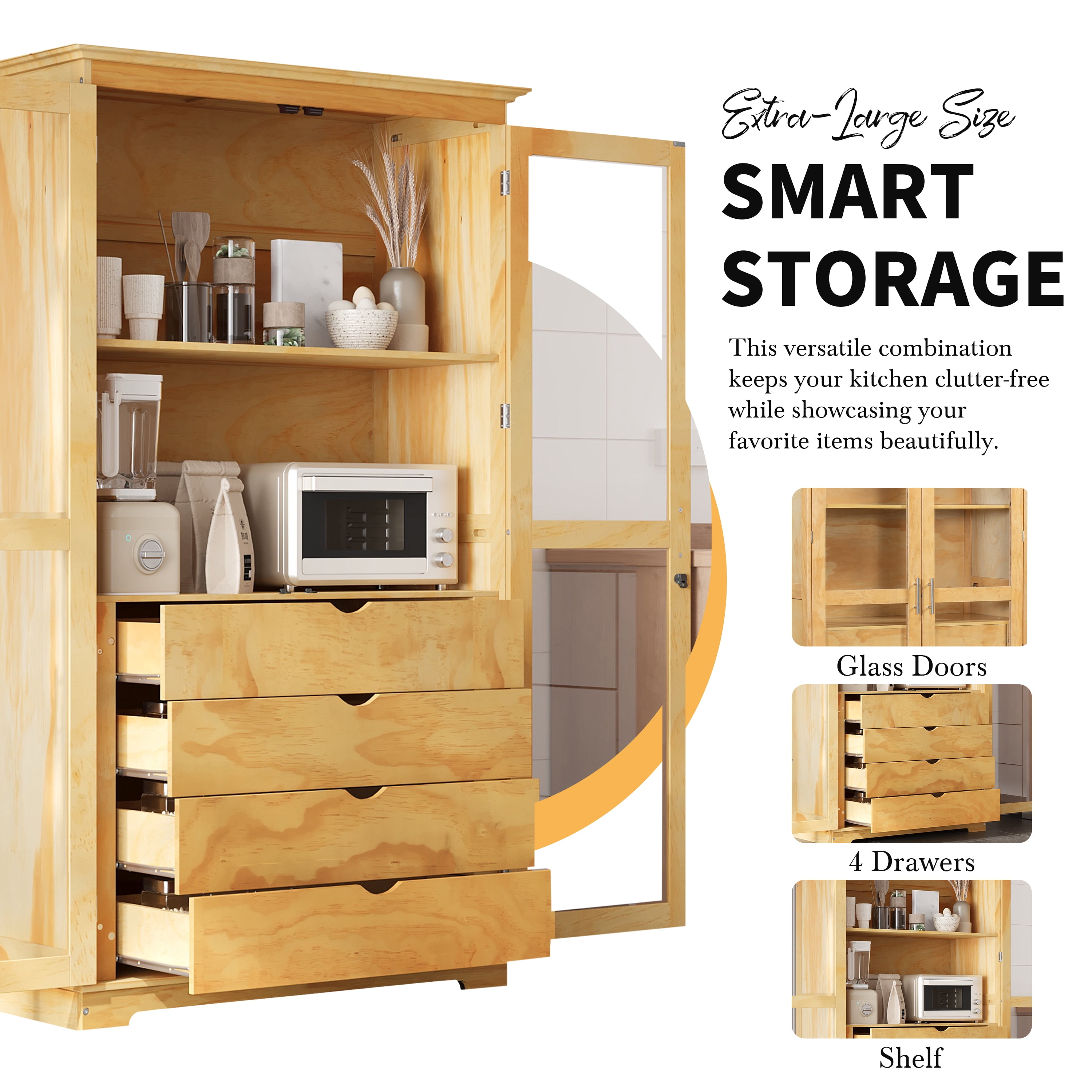 Harper & Bright Designs Farmhouse Kitchen Pantry Cabinet with Microwave Shelf, Tall Kitchen Storage Cabinet with Glass Door, Freestanding Hutch with 4 Built-in Drawers, 75", Natural