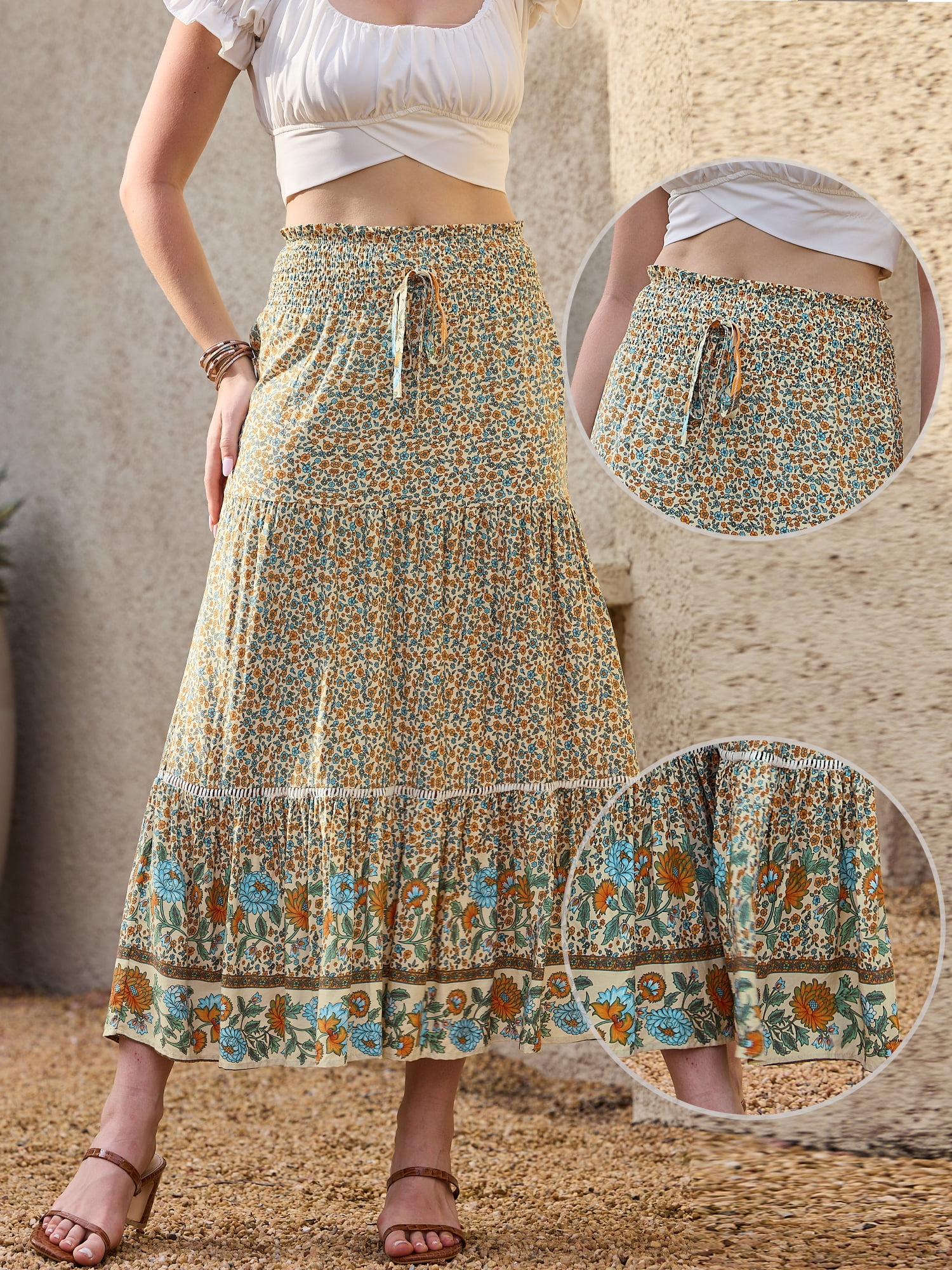 DARING DIVA Women's Fashion Summer Boho Long Skirt Medium Beige