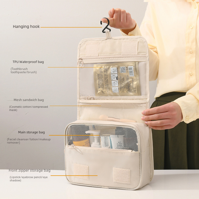 Bolsa de aseo portátil de gran capacidad con gancho, bolsa de almacenamiento de maquillaje, bolsa de aseo colgante plegable multifuncional para hombres y mujeres