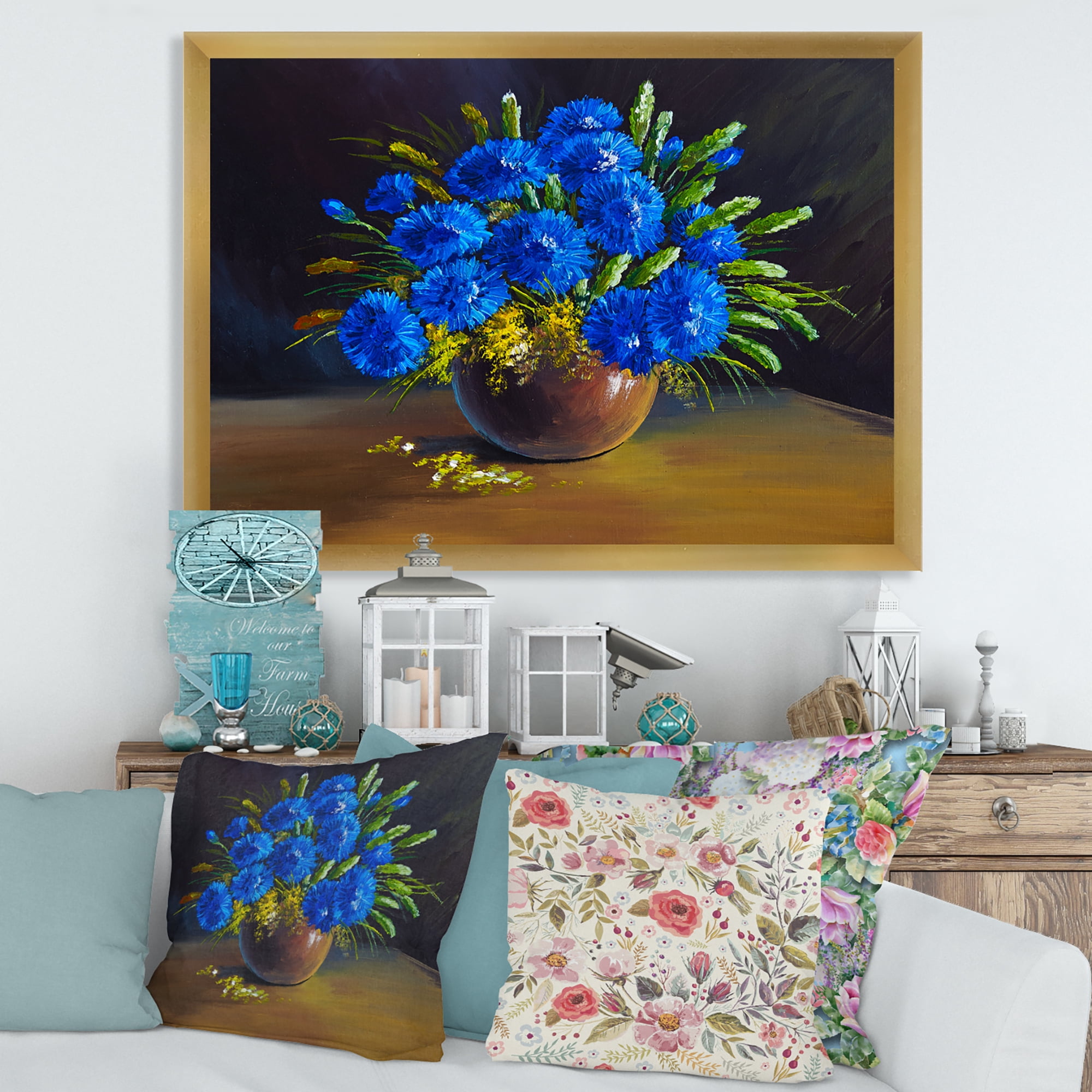 Designart 'Still Life A Bouquet Of Blue Wildflowers In Vase' Traditional Framed Art Print