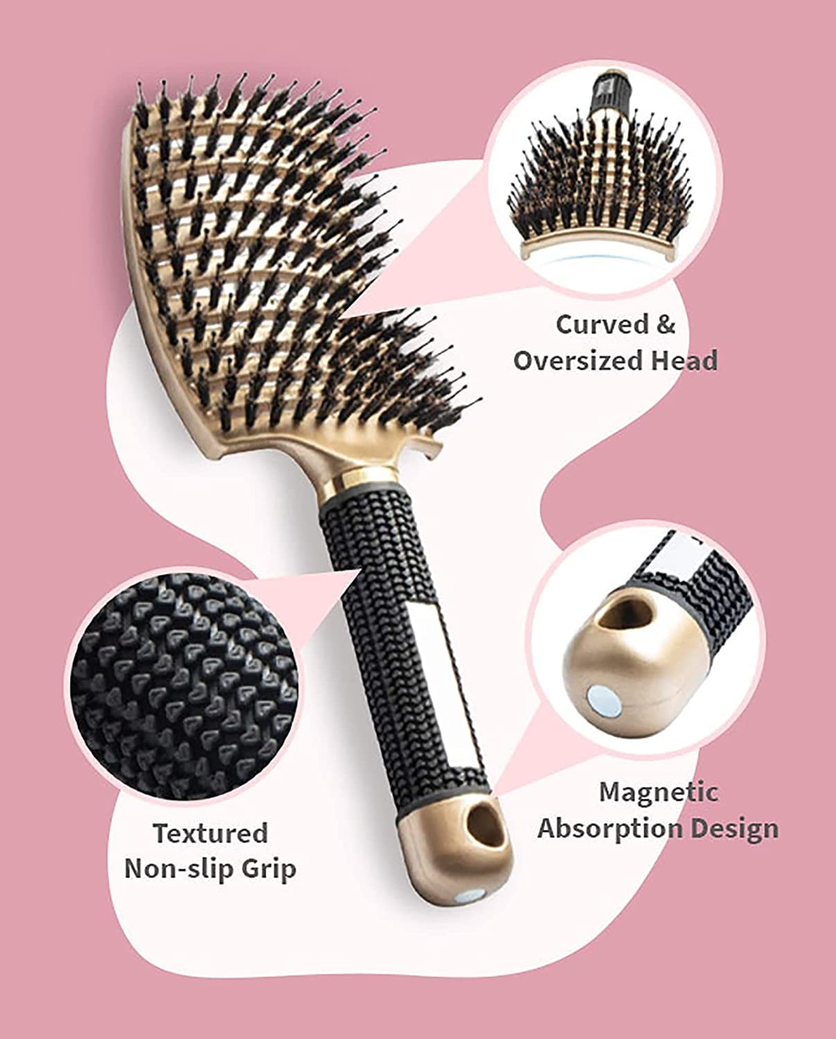 Magical Brush Detangler, Hair Brush, Vormey Ultra Detangler Brush, for Wet or Dry Detangling Hair Brush for Men, Women and Kids, Long, Thick, Thin, Curly & Tangled Hair (Gold+Pink)