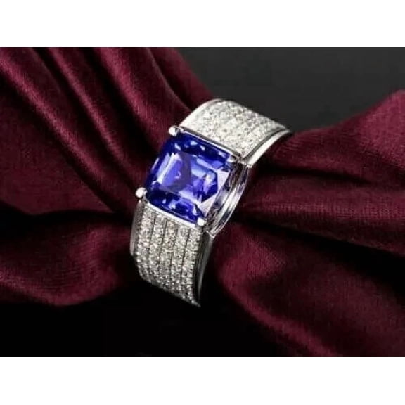 3.00Ct Princess Cut Simulated Blue Tanzanite Wedding Band Cluster Men's Ring 14k White Gold Plated 925 Sterling Silver