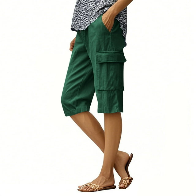 Mgmyaa Bermuda Cargo pour Femmes Longueur Genou Coton Lin Randonnée Shorts Taille Élastique à Cordon Été Décontracté Golf Voyage Extérieur Short avec Multiples Poches