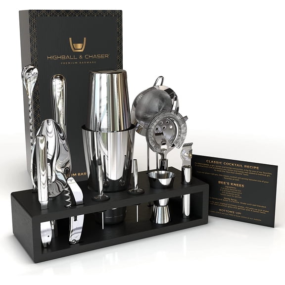YANGLI 13-Piece Boston Cocktail Shaker Set with Stand & E-Book – Stainless Steel Bar Tools